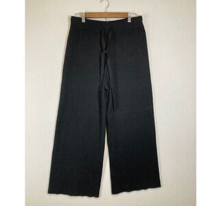Minimalist Comfy Women L Black Ribbed Knit Wide Leg Drawstring Lounge Pants